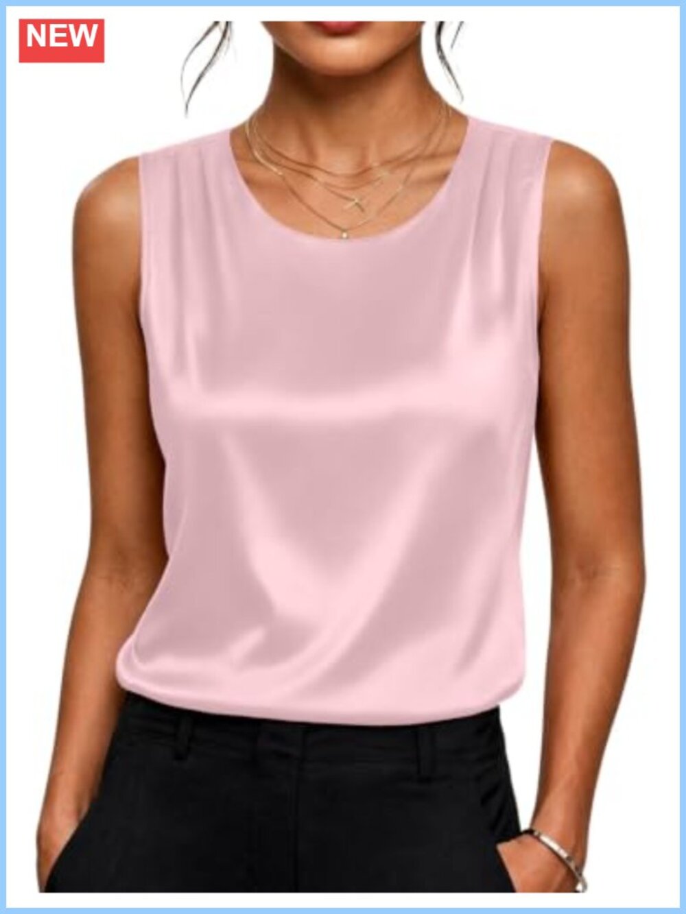 Women's Satin Tank Top Pleated Shoulder Sleeveless Blouse